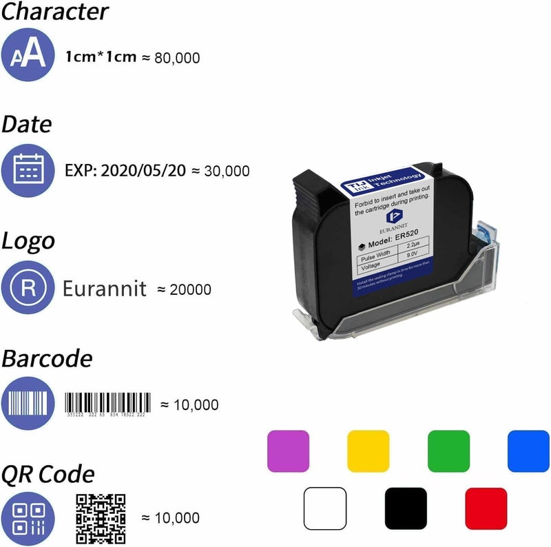Eurannit Original Black Ink Cartridge ER520, 42ml Quick Dry Solvent Ink Replacement for 0.5inch/12.7mm Handheld Inkjet Printer E11 / E15 / E19 / E98/ XMINI - Image 4